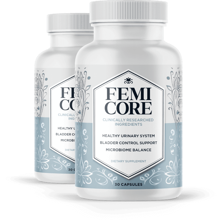 FemiCore supplement bottles showing the microbiome-restoring formula for women's bladder and vaginal health