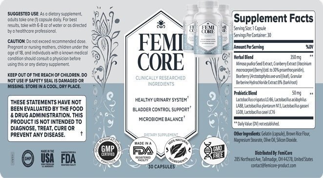 FemiCore Supplement Facts label with ingredients and amounts per serving