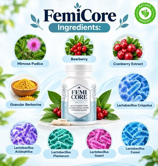 FemiCore botanical and probiotic ingredients illustrated